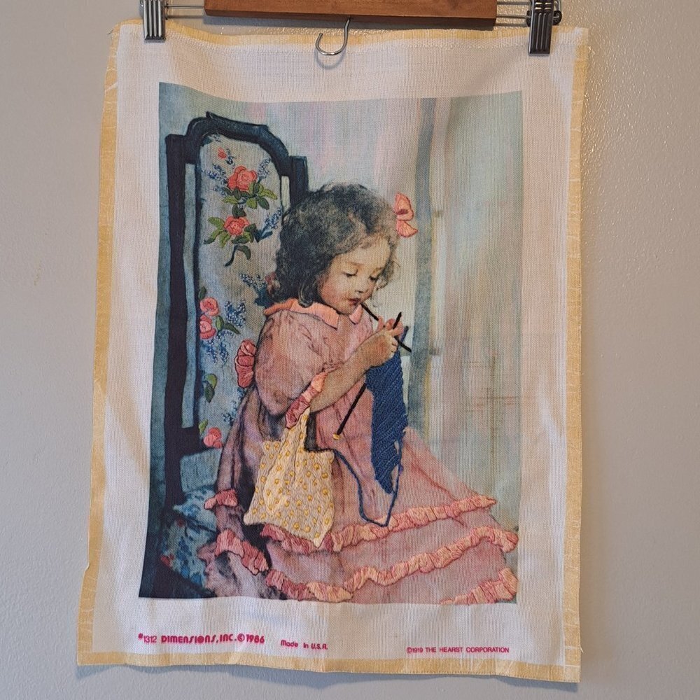 Vintage Tapestry Embroidered Girl Knitting mAde in Usa 19IN x 15IN‎